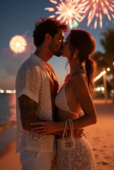 A couple kissing. The Jacobelordii man with short, wavy brown hair, muscular, has a tattoo on his arm. You are wearing a crochet shirt combined with white pants. He wears a small pearl necklace, suggesting a relaxed style suited to a warm climate or coasta...