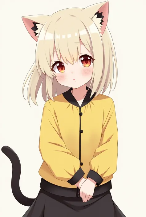 Make it into a cute anime

1.girl
2.cream hair
3.hair with cat ears in the back
4.red eyes with black
5.wearing a yellow jacket
6.wearing a black skirt
7.wearing a pair of