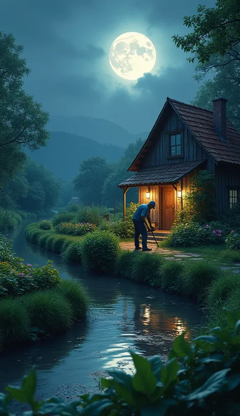 give me a clear picture of the old house on the edge of the surrounding garden there is a vegetable garden there is a farmer who is hoeing,clear picture 8k ,  night conditions there is a bright full moon and there is a clear flowing river 