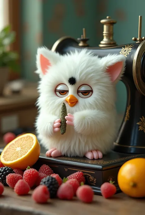 White furby smoking weed with a sewing machine and fruits