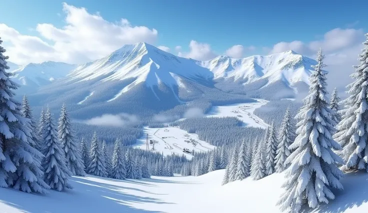 A super high-definition realistic image depicting the stunning and majestic Cypress Mountain in Vancouver. The entire Cypress ski resort is blanketed in thick, pristine white snow. Under the blue sky and scattered white clouds, the snow-covered peaks, ski ...