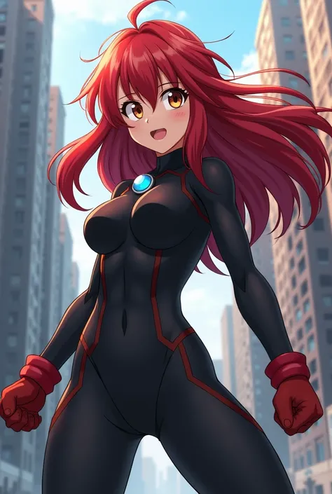 My Hero Academia Style , Anime girl, female, young female ,Full Body Shot,(fighting Pose:1.3),Long hair, Red Hair,  Brown Eyes,Hero Suit, Full Body Suit, Black suit ,small round blue jewel in the center of the chest,perfect anatomy,  Toughened Abs,super de...