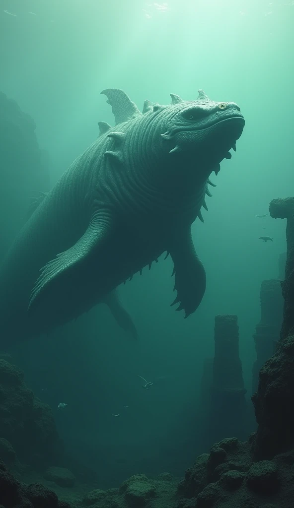  Leviathan in a mythological environment **:  A majestic Leviathan swimming in a hazy sea , surrounded by mythological creatures ,  with ancient submerged ruins visible in the background,  creating an air of mystery and history .