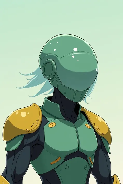 A male human officer, with a muscular build. He is wearing an helmet shaped as a jellyfish. He is wearing a simple but bulky knight armor in a greenish color with minimalist futuristic details, featuring big epaulets colored yellow. The style is futuristic...