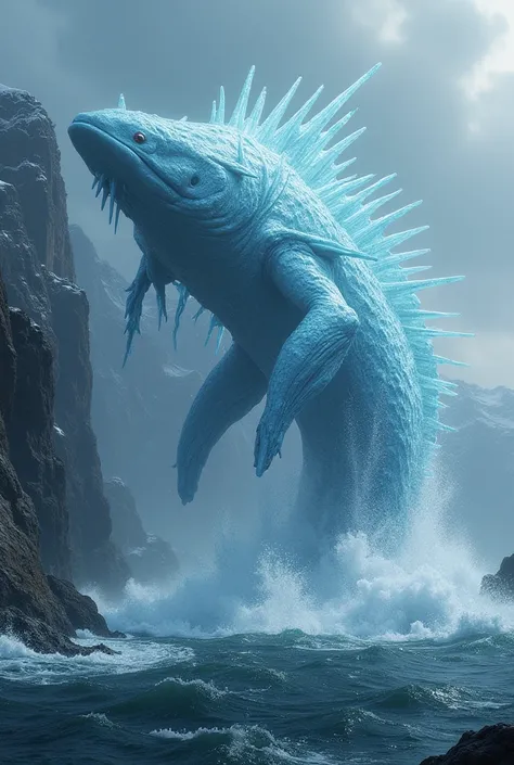 A gigantic, Fish-like creature with crystal-like fins emerges from the icy waters of the Øresund Strait.