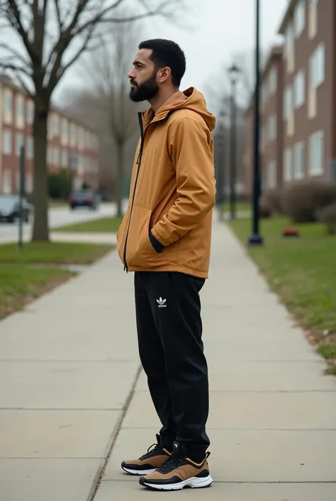 arafed man in a tan jacket and black pants standing on a sidewalk, profile shot, chappie in an adidas track suit, wearing nike air mags, taken in the early 2020s, very very low quality picture, wearing a track suit, full body picture, wearing a fisher 🧥, w...