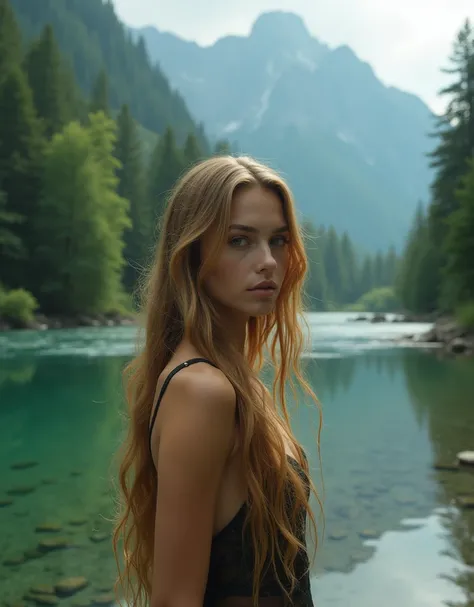 Beautiful blonde with long hair and bright by the forest river against the background of mountains, fog.   realistic photo  