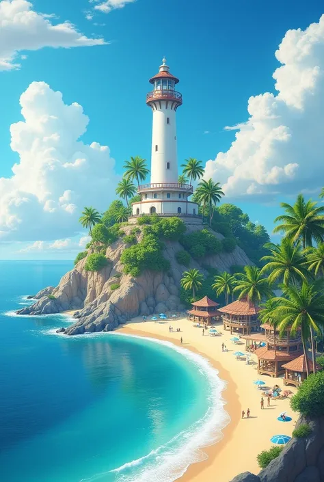 A large and very big island right in the middle of the sea. A white lighthouse right in the middle of the island. The shore of the island will also be a beach tourism poster 