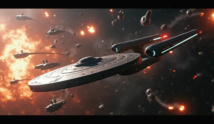 Star Trek uss enterprise spaceship fighting war in space with multiple alien spaceship. Bloody war going on in space multiple spaceship crashing. 