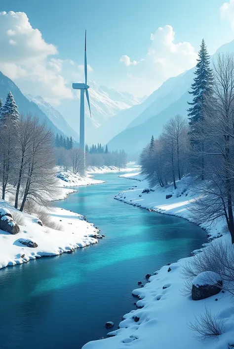 Une image stylisée montrant 2025 composé de l’eau en dessous d’une rivière et un peu de neige pour montrer la fin dannée.  montrer en background des equipements énergétique et écologique ou  panneaux solaires, des turbines) .
Avec aspect bleu et vert et av...