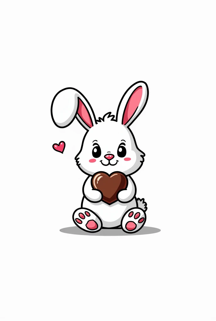 Black and white, vibrant cartoon style with a stuffed rabbit holding a heart shaped chocolate, presented in outline, on a white background, cartoon coloring book style.
