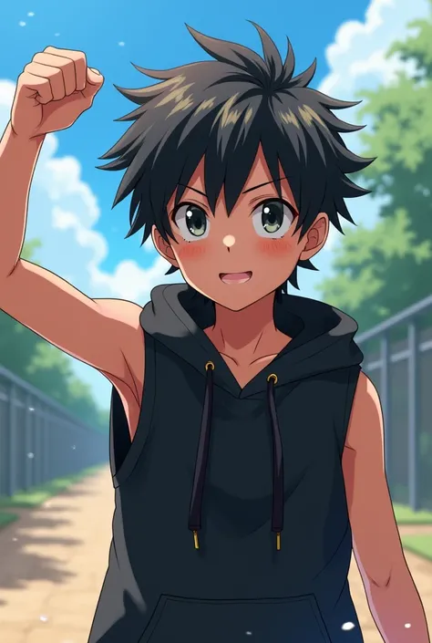 Sweat armpit, boy, sleeveless black hoodie, raising one hand, sunny day, anime, detailed, HD