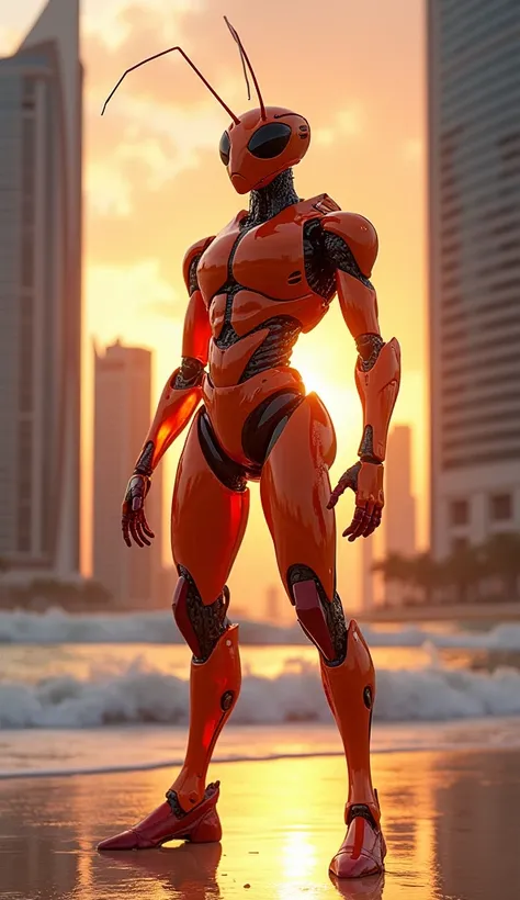 Fire Ant male with glassy cyborg costume standing between sky scrappers in beach with amazing sunset 