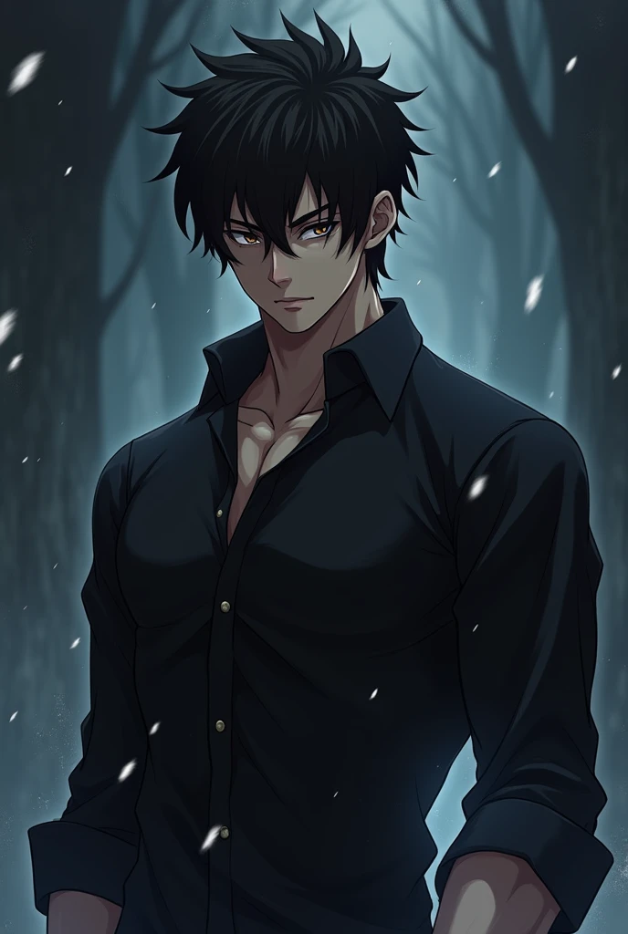 man. young. muscular. handsome. Cold and dark look. marked dark circles.  black shirt.  anime style 