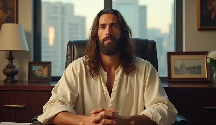 Handsome Jesus in a chair in an office teaching on camera 