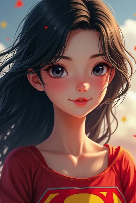 masutepiece, Best quality, illustration, Ultra-detailed, finedetail, A high resolution, 8K wallpaper, Perfect dynamic composition, Beautiful detailed eyes, seorang gadis berwajah asia,berambut panjang terurai berkostum superman warna putih