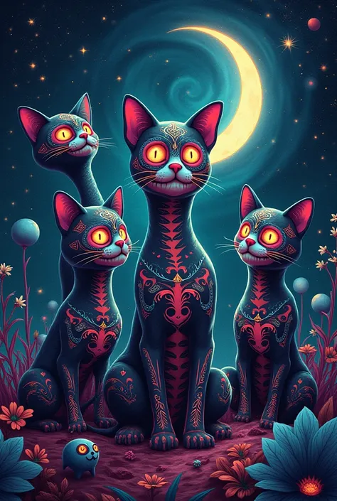 An image containing cats , calaveras, stars,  the moon and electric guitars
