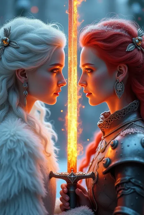 REALISTIC image of Two sisters holding a sword half of it icy and other half in flames. The half part of the sword with flames facing the sister with white icy hair, beautiful clear eyes in white icy armor and the other icy half sword facing the sister wit...