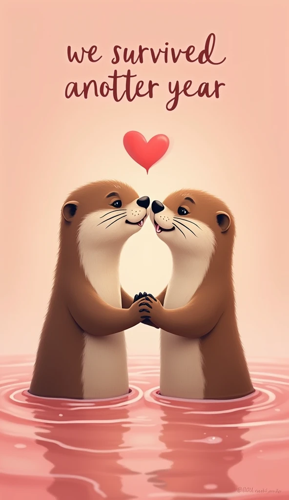 picture of two otters in love holding hand and smiling with a text above heads ‚‚We survived anotter year‚‚ and pinkish background and make them in water 