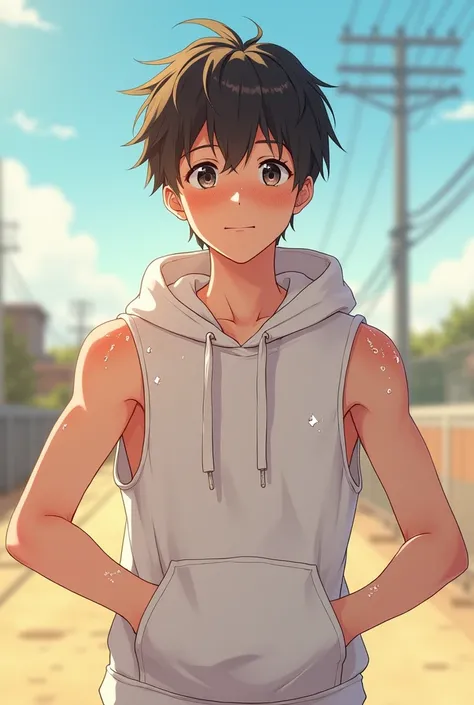 Sweat armpit, wet, boy, sleeveless white hoodie, showing armpit, sunny day, anime, SDXL (1:2), detailed, HD