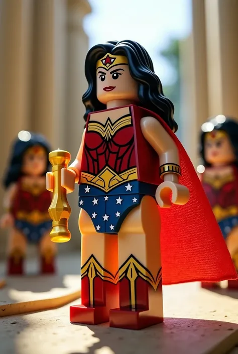 " Wonder Woman , not Lego style, She is in Themyscira ,  holding her golden ribbon of truth in a battle pose . Seu traje clássico vermelho e dourado tem detalhes brilhantes not Lego style.  style The background includes Greek columns and a waterfall made o...