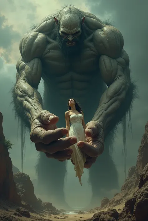 A giant holds a woman