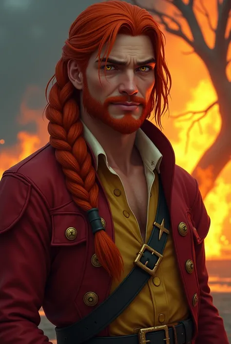 A brownskinned asian pirate with red shouldlength hair with orange streaks in a thick braid. His eyes are intense and with yellow irises. He is smiling sadly and his skin is pockmarked. He is wearing a red coat and yellow shirt. In the background a tree of...