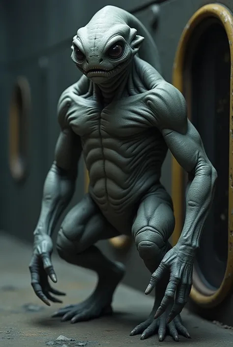 "A realistic and intimidating depiction of an alien resembling an amphibian humanoid. The alien is tall and muscular, with smooth gray skin that subtly reflects light. Its head has organic shapes, with small, distant black eyes that exude coldness and inte...