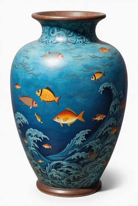 Blue ash urn on which the sea with fish is painted 