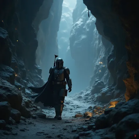 Recreate a man in a Mandalorian costume from Star Wars .  who is walking a path inside a mysterious and gloomy cave. 