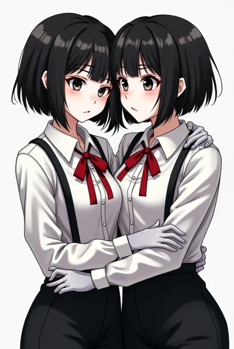 Mimes with white-painted skin short hair ,  straight black hair ,  hair above the neck .  wearing black pants tied with suspenders around the shoulder.  white blouse with white gloves .  black eyes.  French style with red ribbon in the middle of the chest ...