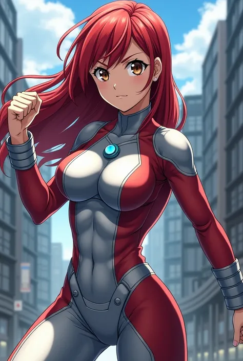 My Hero Academia Style , Anime girl, female, young female ,Full Body Shot,(Fighting Stance:1.3),Long hair, Red Hair,  Brown Eyes,Hero Suit, Full Body Suit, Silver suit with Red and Blue details,small round blue jewel in the center of the chest,perfect anat...