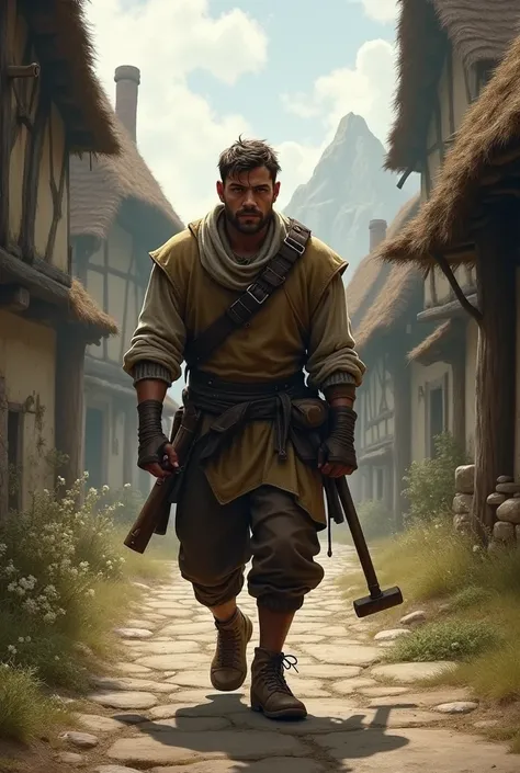 A young medieval blacksmith leaving his village simple and setting out on a journey