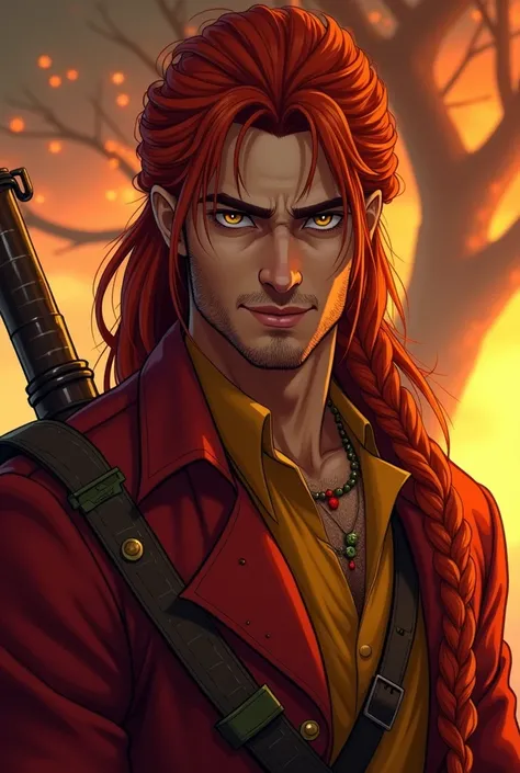 A brownskinned asian pirate with red shouldlength hair with orange streaks in a thick braid. His eyes are intense and with yellow irises. He is smiling sadly. His skin is pockmarked. He is wearing a red coat and yellow shirt. In the background a tree of fi...