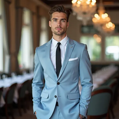 Of course,  here is a description of the image :

} The image shows a young and attractive man with a light blue suit .  He is standing in an elegant restaurant ,  with a blurry background showing tables , chairs and a crystal chandelier .  The man has sho...