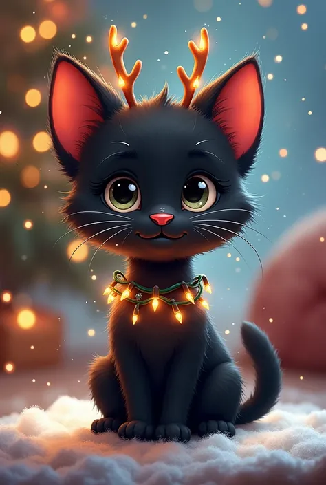  A cartoon black kitten with Christmas lights in reindeer horns, black eyelashes and a piercing in the nostrils 