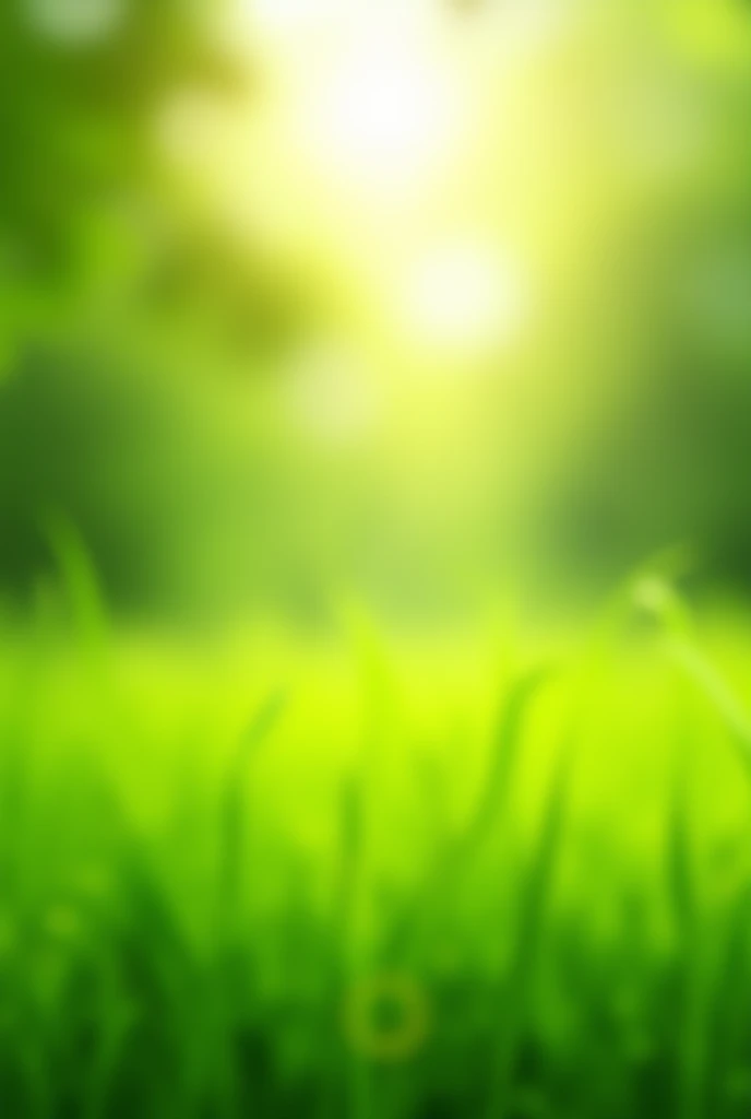 A vibrant natural scene with lush, green grass in the foreground. The background is softly blurred, featuring a bokeh effect of light and green foliage. The sunlight beams radiate from the top center, casting a warm and glowing ambiance over the scene, cre...