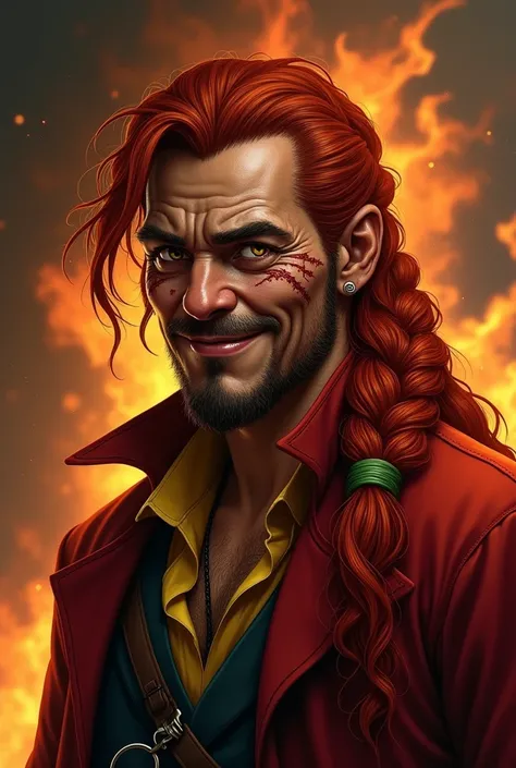 A brownskinned asian pirate with red shouldlength hair with orange streaks in a thick braid. His eyes are intense and with yellow irises. He is smiling sadly. His face is pockmarked and disfigured with scars. He is wearing a red coat and yellow shirt. In t...