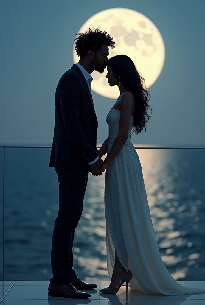 A dark-skinned man ,  curly black hair and dressed in a suit holds the hand and kisses the forehead of a white woman with wavy and long dark hair,  who wears a long dress and heels .  The two are standing on a large balcony facing the sea where the full Mo...