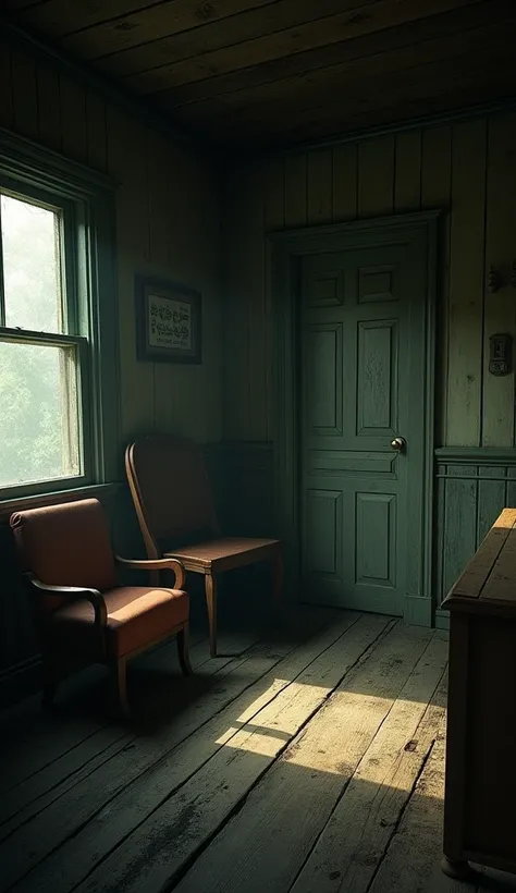 An interior scene of the cabin ,  with distorted shadows on the walls ,  as if something were peeking through the old furniture.