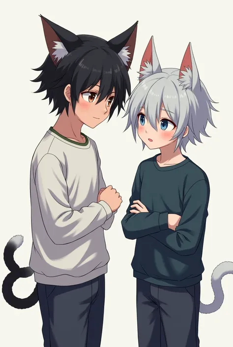 Generate a photo for me of a teenager with short black hair with a boy with white ears and a cats tail on the right and a boy with black ears and a cats tail on the left, both boys are the same height.