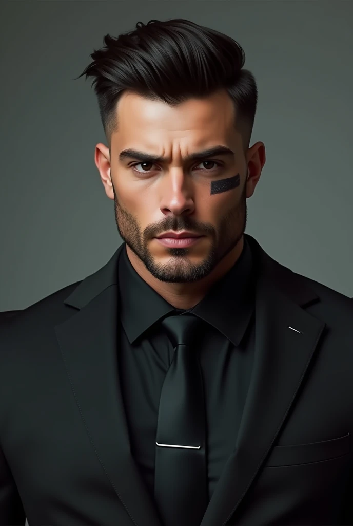  Young man  ,  black eyes,  short black hair  , beard ,  muscular body   , marked facial features  , a scar on the right cheek , plump lips 
 square mandible  , wearing a black suit 