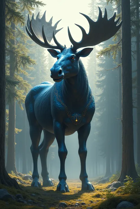 A powerful Alces alces ,  with blue-white horse armor ,  stands proudly in a pine forest.