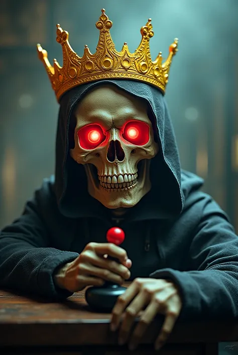 a skull wearing a yellow crown with red eyes while holding a joystick 