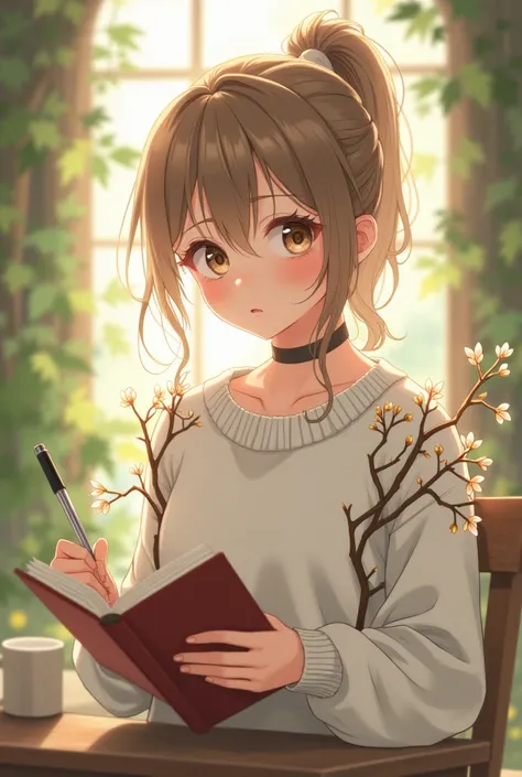 Cute anime girl in a white sweater with light brown tied hair that has a book and a pen and has like brown twigs on her arms and neck