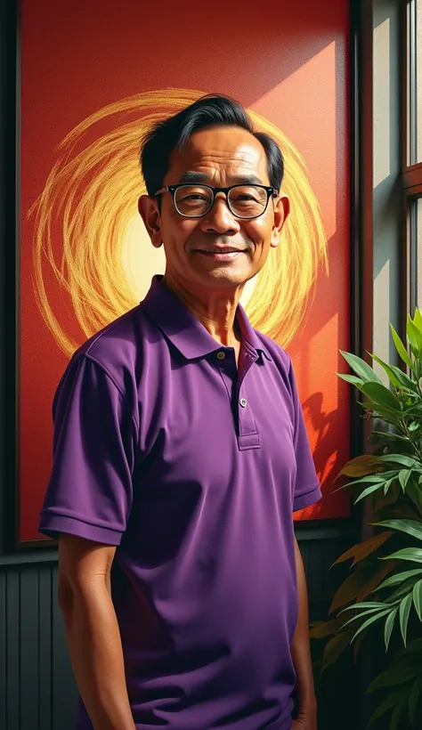 "Design a highly detailed and vibrant digital portrait of a distinguished man with a warm, inviting smile. He is indonesian, 59s, brown hair, depicted wearing polo shirt purple exuding wisdom and charisma. glasses with a modern yet modest style. The backgr...