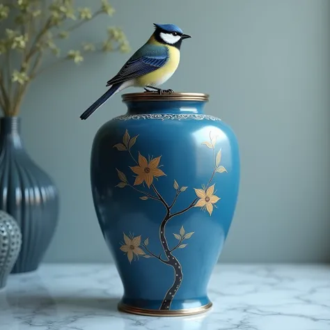 Burial urn in blue color on which the tit is painted 