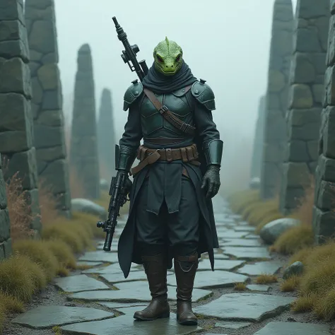  Create a humanoid man with a reptilian face  (( realistic )) with greenish skin .  wears a kind of armor similar to the Madalorian costume from Star Wars . He wears black pants . He wears long brown boots .  He has a sniper rifle hanging on his back.  He ...