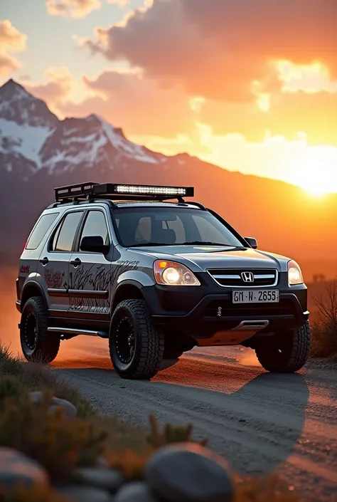 CRV year 2003, decorated in off-road style, the background is a picture of the sunrise and mountains.