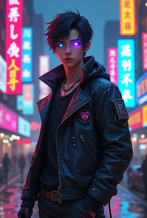 male cyberpunk red, netrunner art with purple right eyes and left green eyes. Age 18